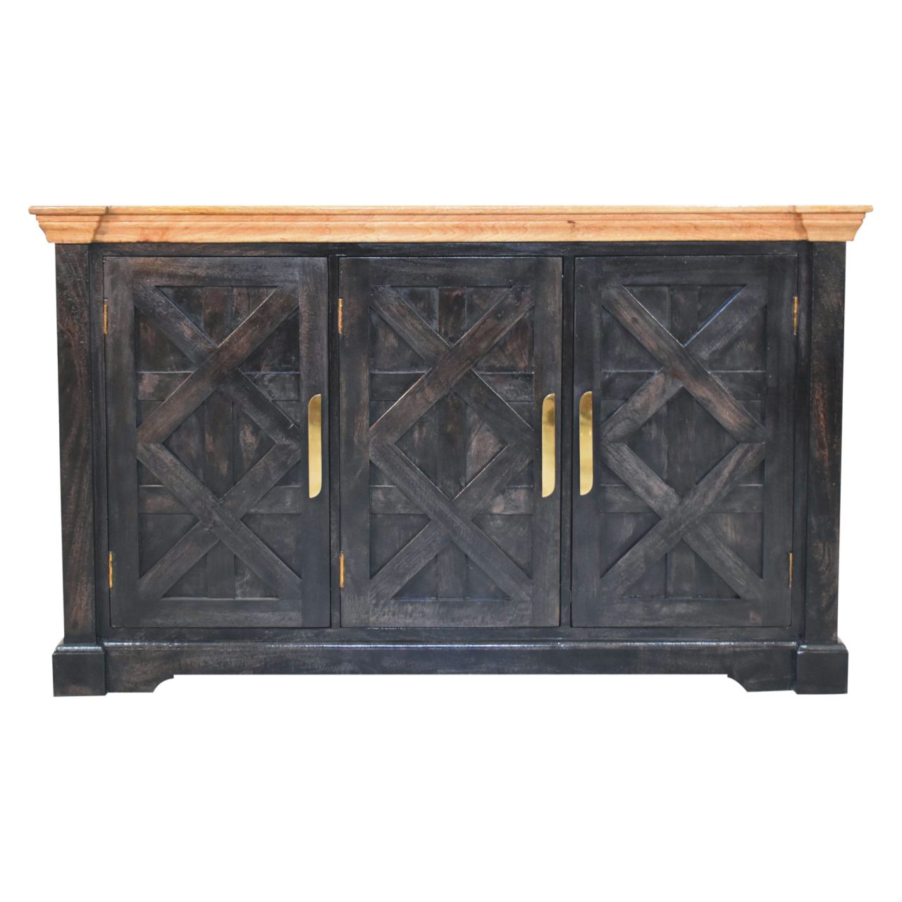 Solid Wood Regal Rustic Sideboard, 6 Compartments, Gold, Ash Black and Brown