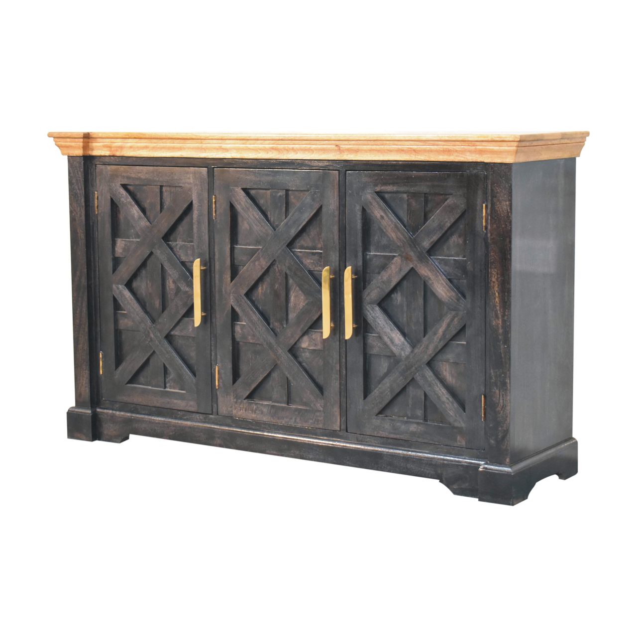 Solid Wood Regal Rustic Sideboard, 6 Compartments, Gold, Ash Black and Brown
