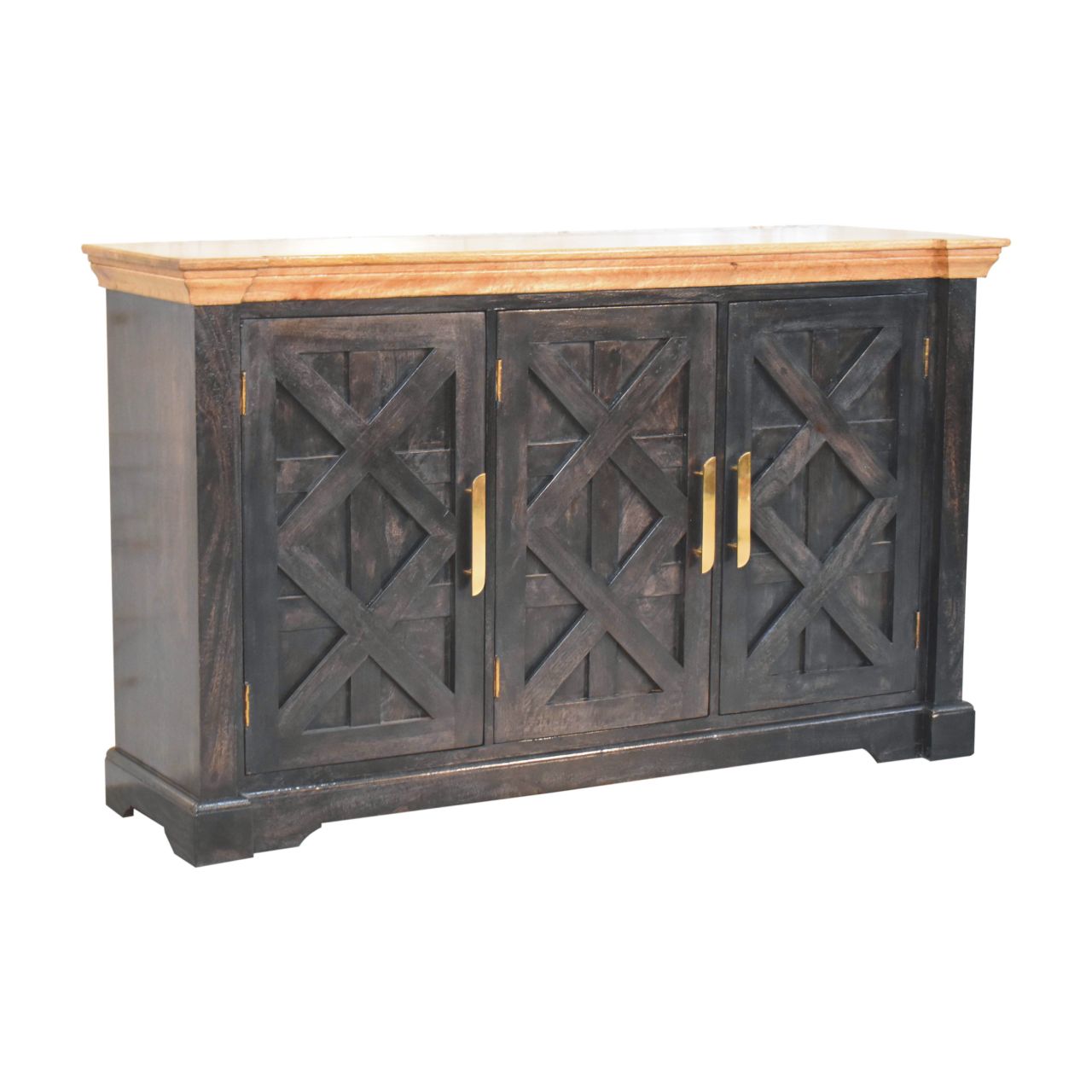 Solid Wood Regal Rustic Sideboard, 6 Compartments, Gold, Ash Black and Brown