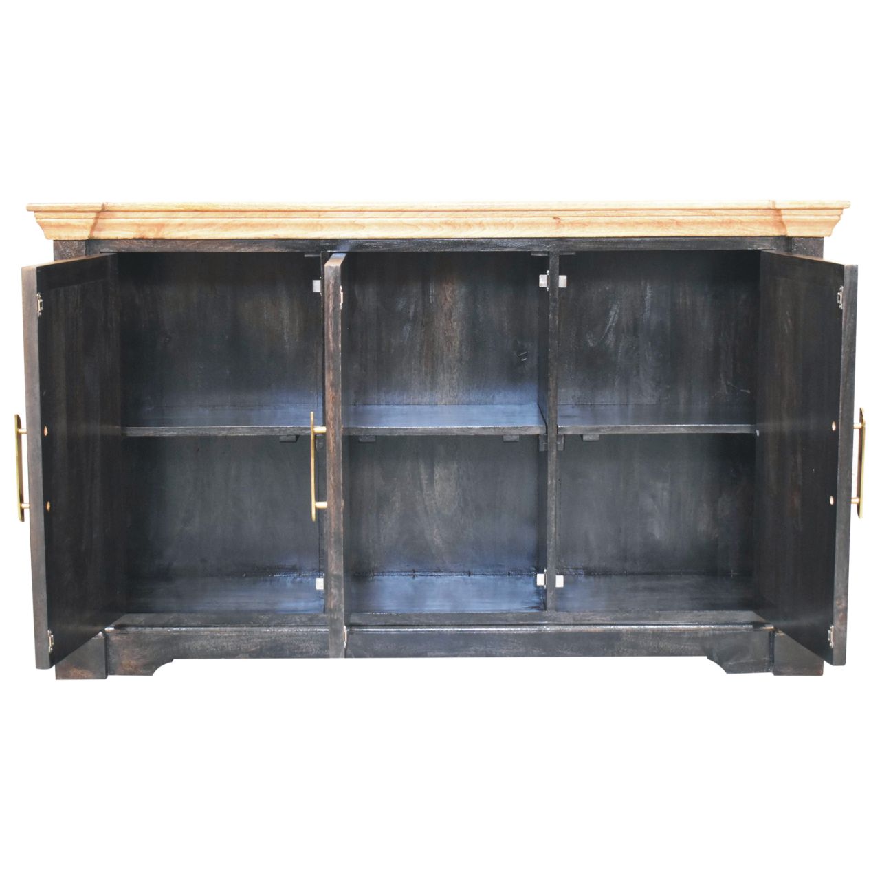 Solid Wood Regal Rustic Sideboard, 6 Compartments, Gold, Ash Black and Brown