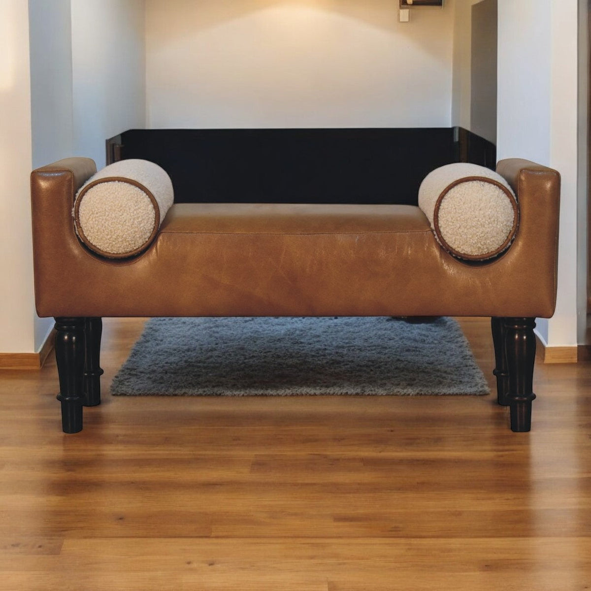 Solid Wood Chester Buffalo Bench, Upholstered, Beige and Tan Brown
