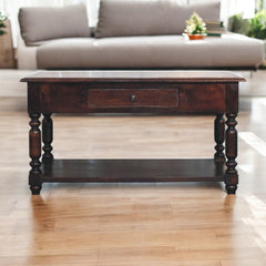 Turned Legs Cherry Console Table, 2-Drawers, Dark Brown