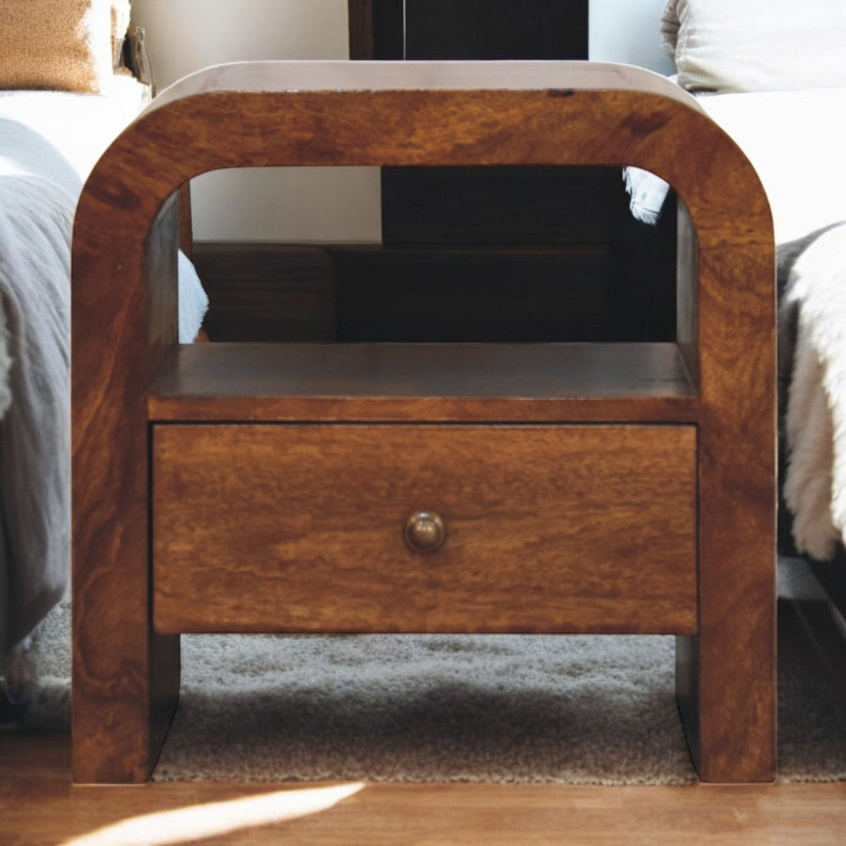 Solid Wood Darcy Nightstand, 1 Drawer and open shelf, Chestnut, Brown