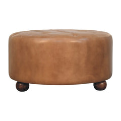 Brown Buffalo Hide Leather Upholstered, Round Ottoman, Tan and Brown