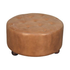 Brown Buffalo Hide Leather Upholstered, Round Ottoman, Tan and Brown