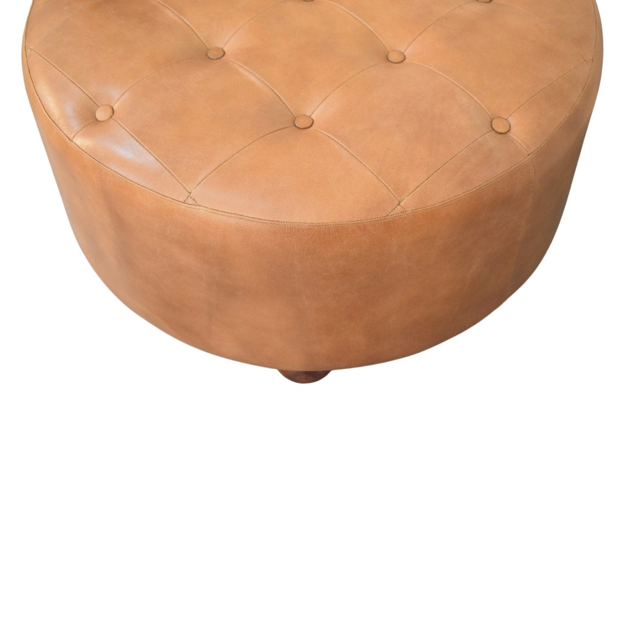 Brown Buffalo Hide Leather Upholstered, Round Ottoman, Tan and Brown