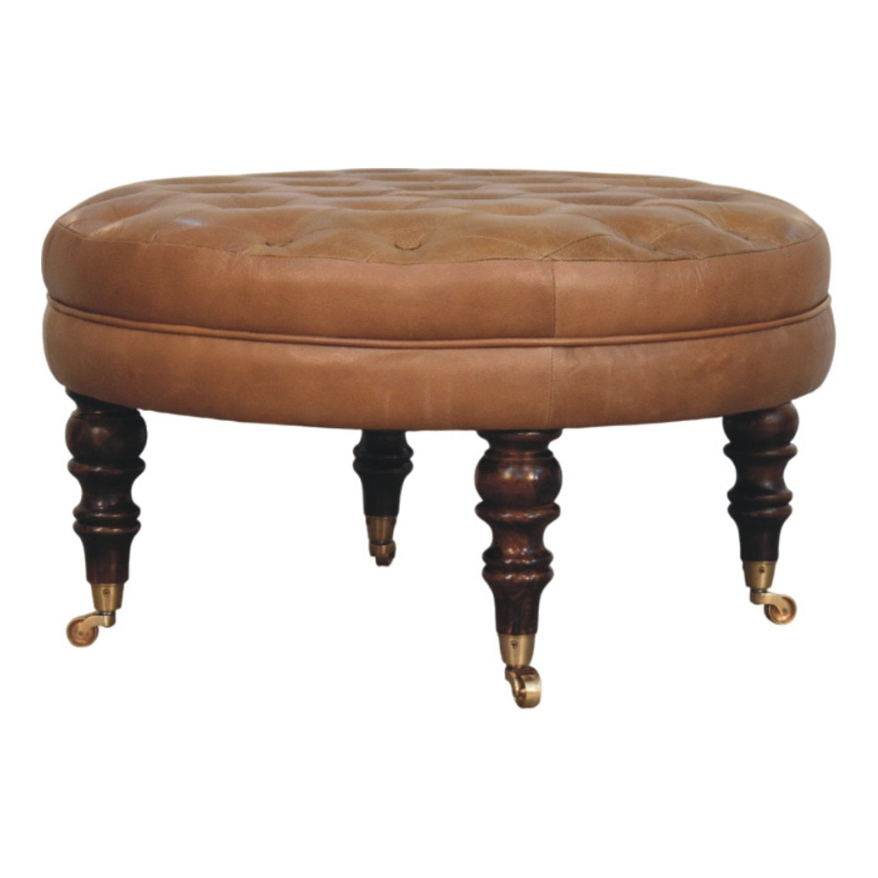 Brown Buffalo Leather Upholstered Round Ottoman with Castor Legs