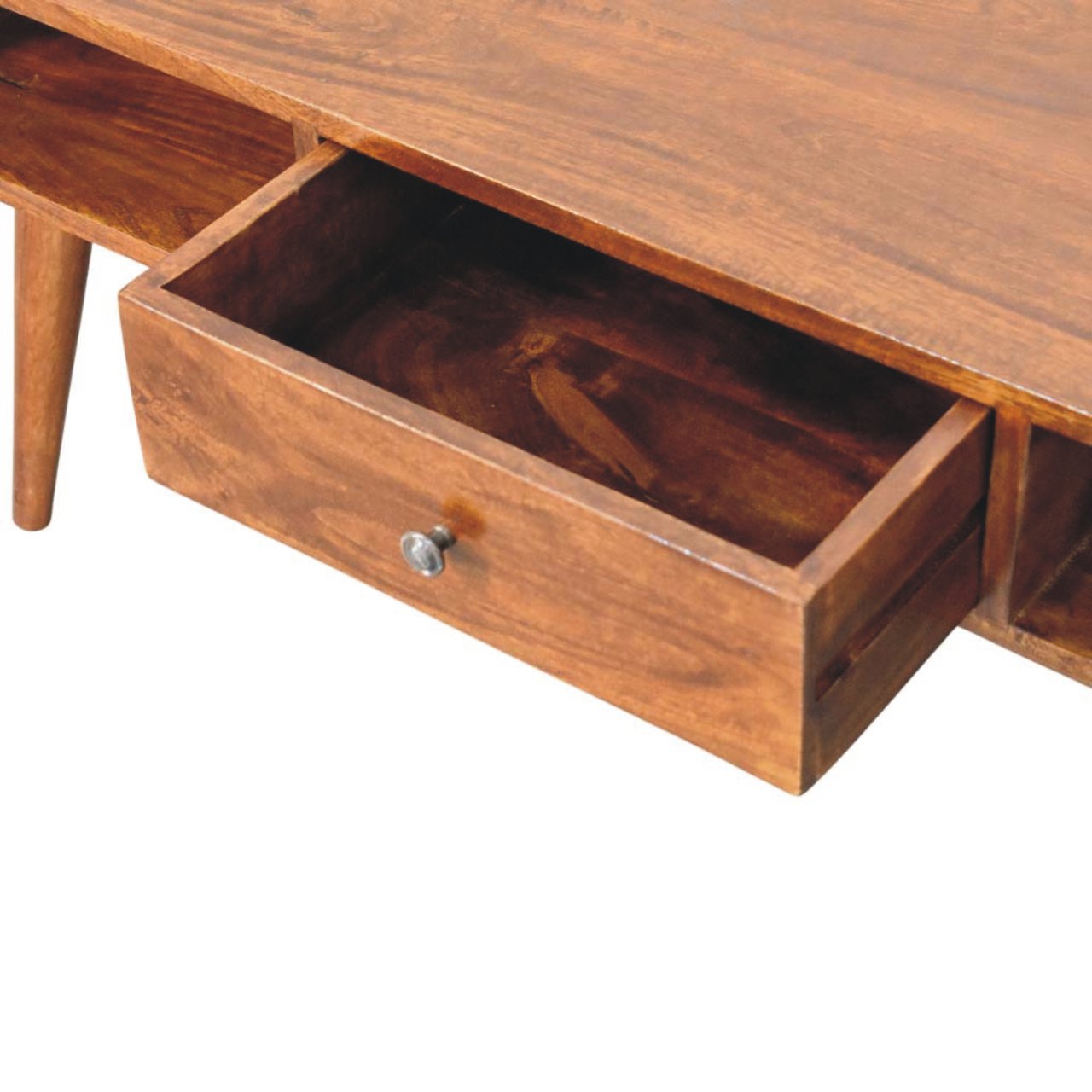 Solid Wood, Avora 2-Drawer, 2 Open-Slot, Chestnut Coffee Table, Dark Brown