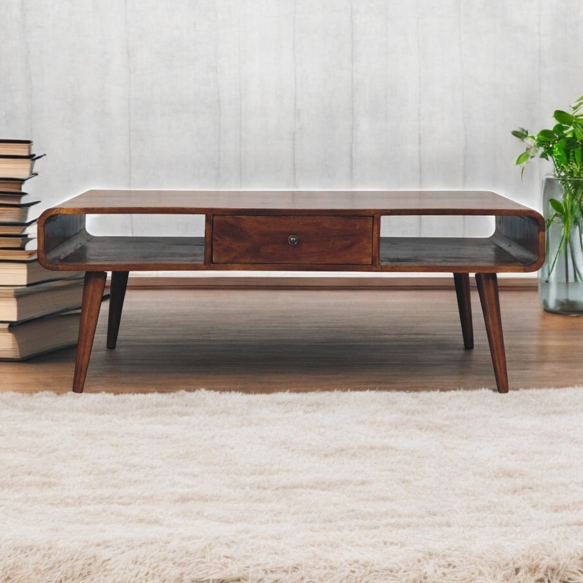Solid Wood, Avora 2-Drawer, 2 Open-Slot, Chestnut Coffee Table, Dark Brown