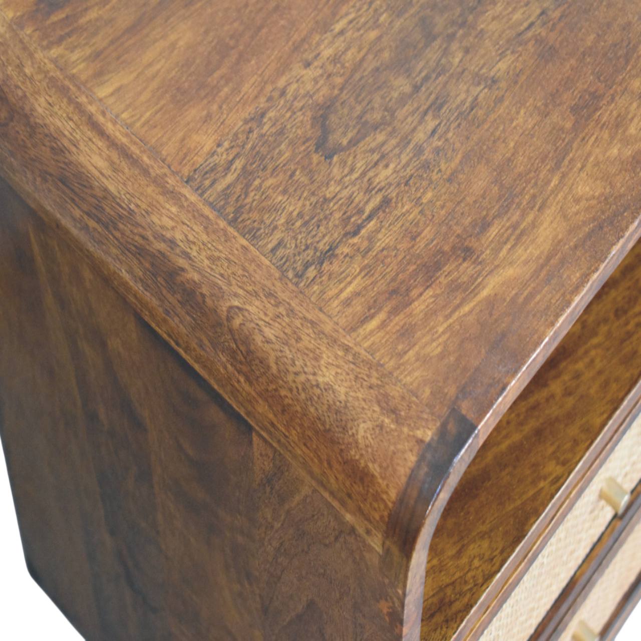 Solid Wood Larissa Chestnut Nightstand, 2-Drawers, 1 Open-Slot, Beige and Brown