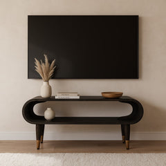 Solid Wood Velvet Mocha Curved Edge Console with Brass Accents