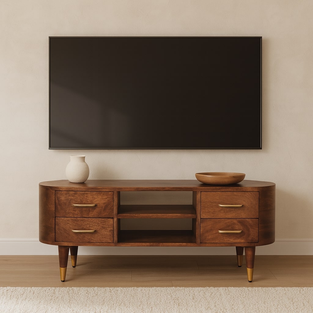 Solid Wood Jetson Curve Media Console,Brown With 4-Drawers,2-shelf