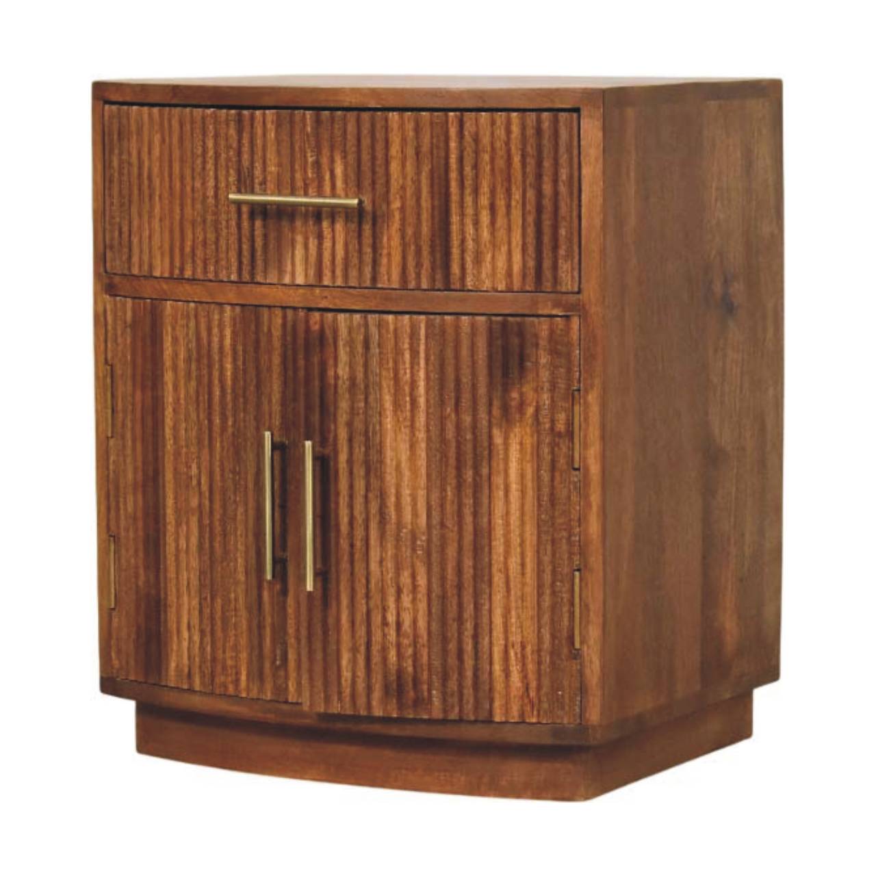 Solid Wood Curved Ribbed Bedside with Drawer,Brown,1-door
