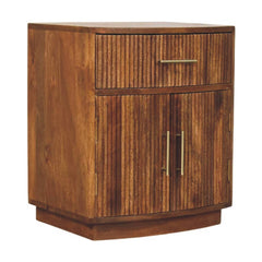 Solid Wood Curved Ribbed Bedside with Drawer,Brown,1-door