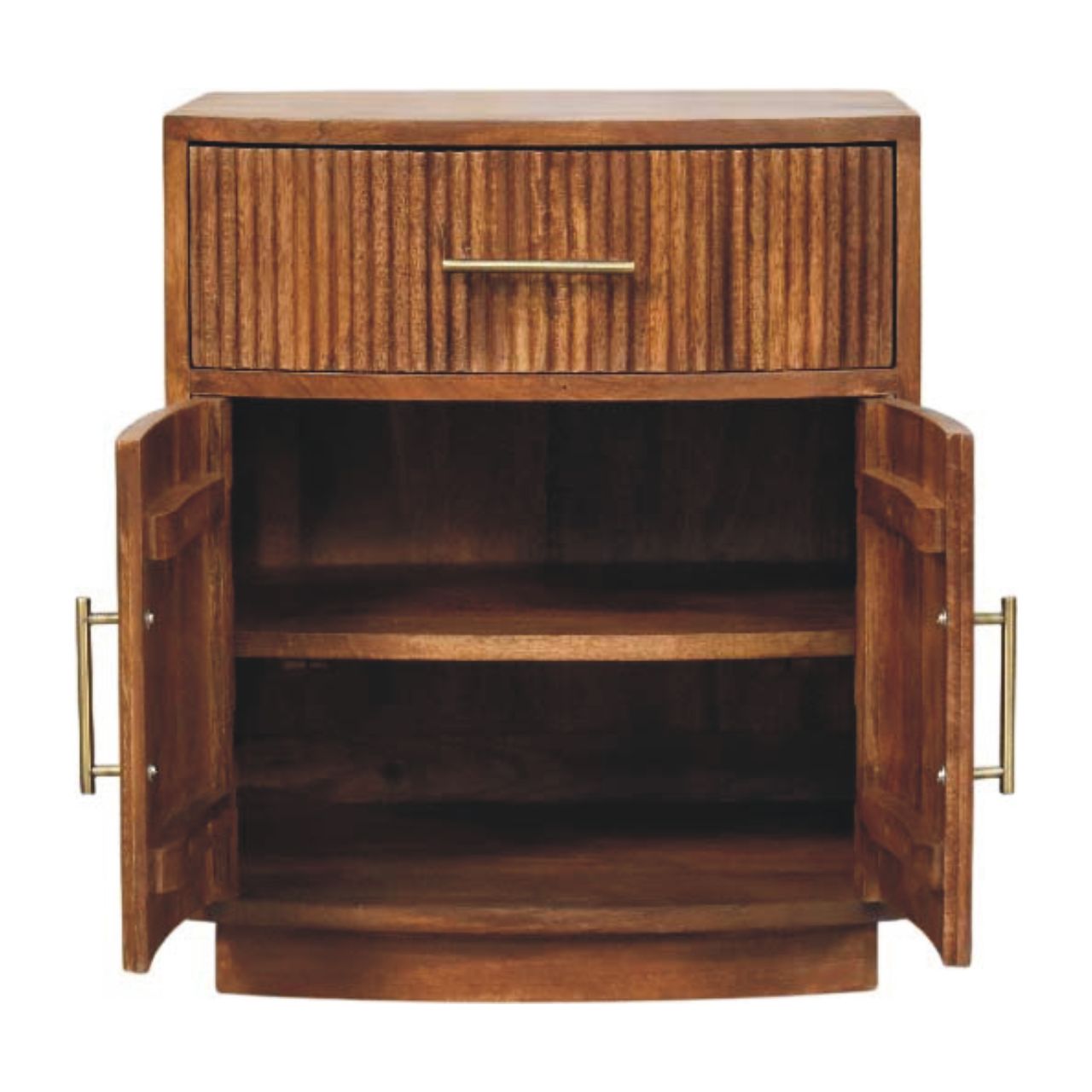 Solid Wood Curved Ribbed Bedside with Drawer,Brown,1-door