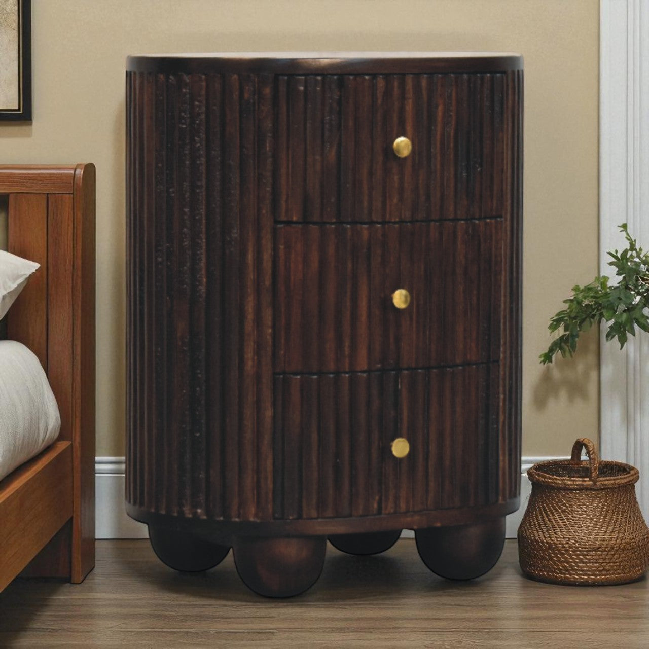 Solid Wood Curved Fluted 3-Drawer Drum Chest,3-Drawers