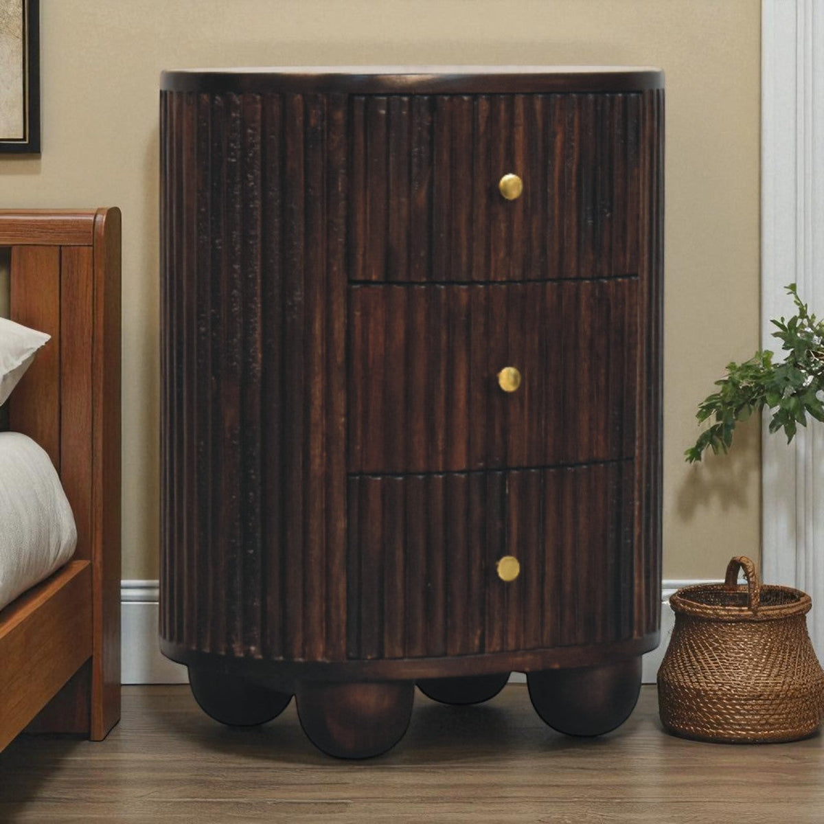 Solid Wood Curved Fluted 3-Drawer Drum Chest,3-Drawers