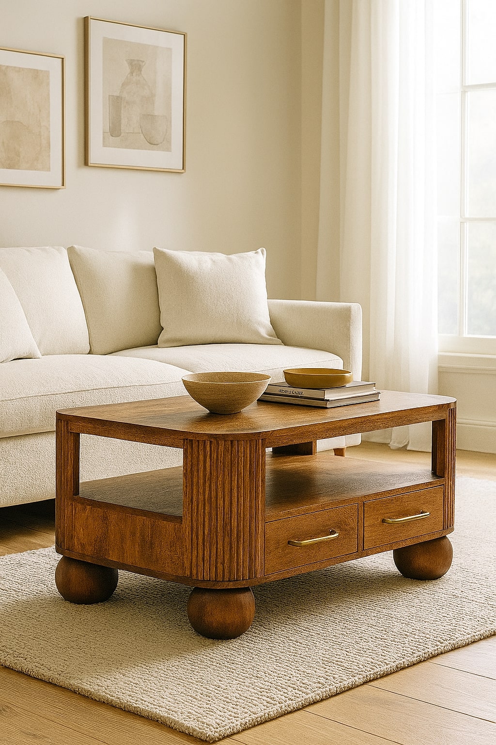 Solid Wood Briarwood Fluted Coffee Table,Beige,1-Shelf,2-Drawers