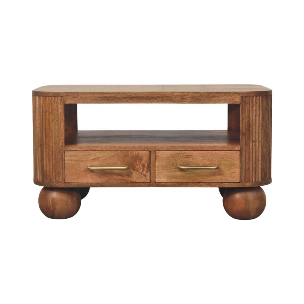 Solid Wood Briarwood Fluted Coffee Table,Beige,1-Shelf,2-Drawers