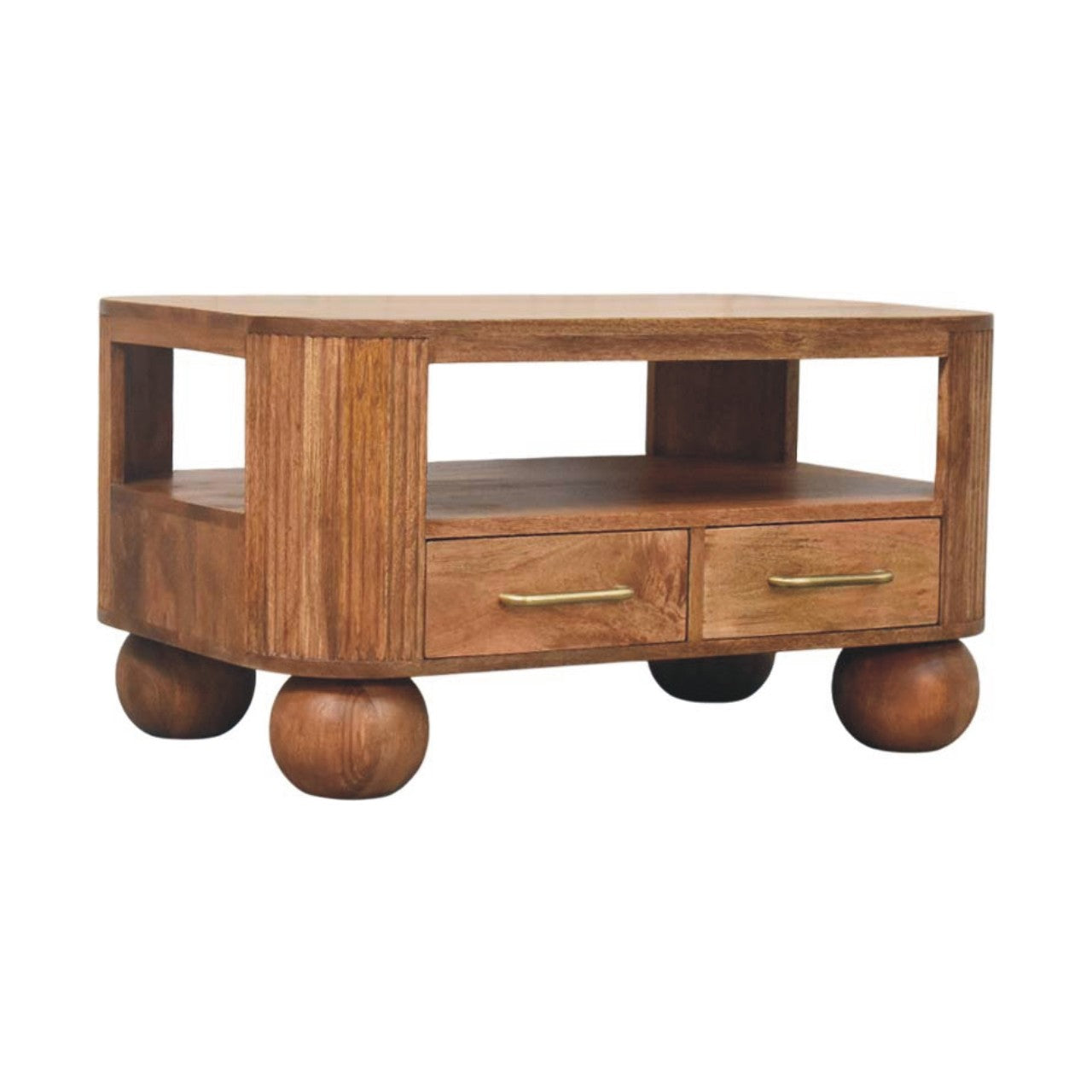 Solid Wood Briarwood Fluted Coffee Table,Beige,1-Shelf,2-Drawers