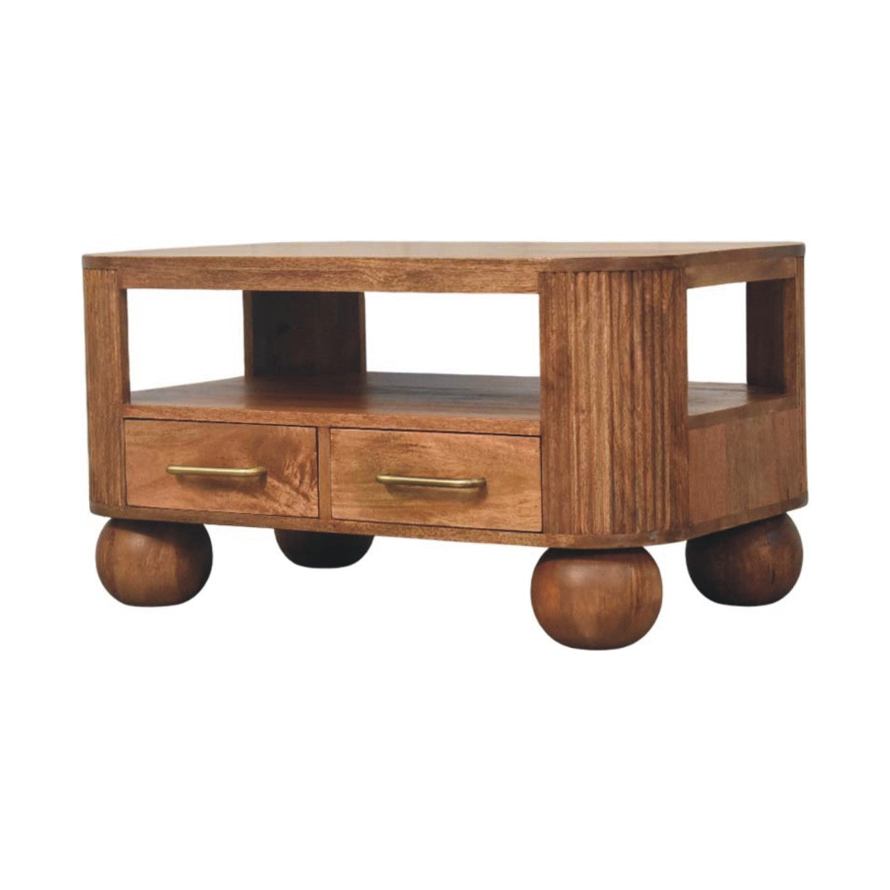 Solid Wood Briarwood Fluted Coffee Table,Beige,1-Shelf,2-Drawers