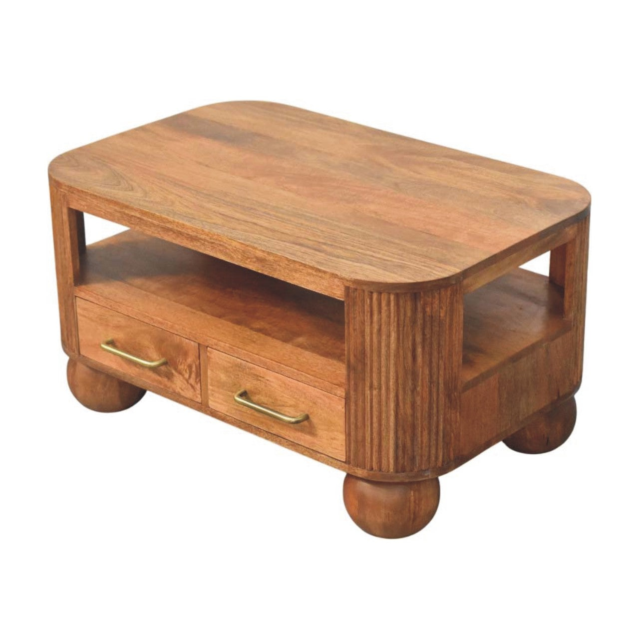 Solid Wood Briarwood Fluted Coffee Table,Beige,1-Shelf,2-Drawers
