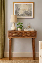 Solid Wood Arno Console Table in Golden Teak,Brown,2-Drawers