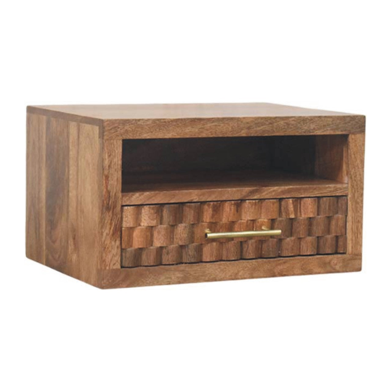 Solid Wood Arno Wall-Mounted Nightstand in Golden Teak,Brown,1-Shelf,1-Drawer