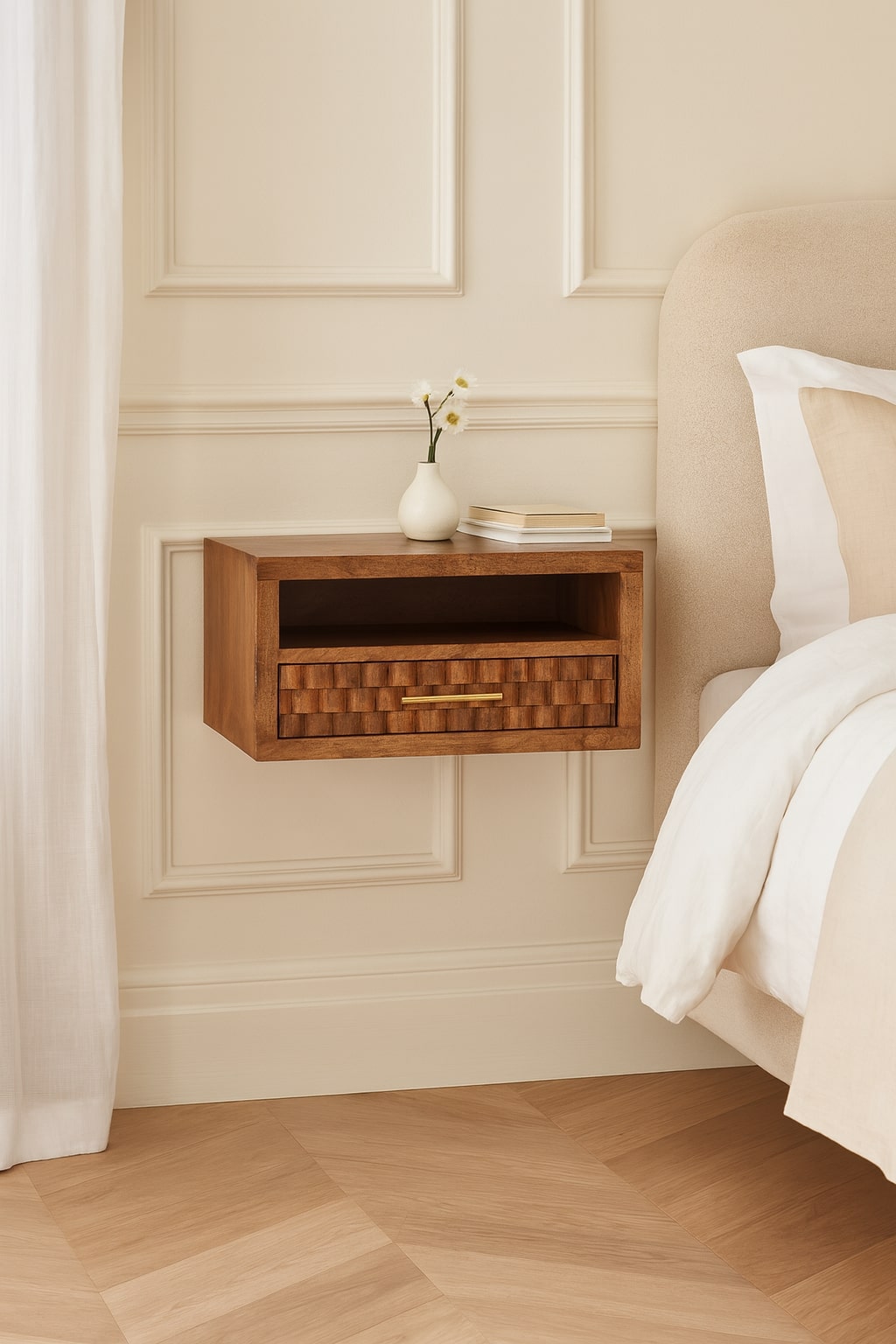 Solid Wood Arno Wall-Mounted Nightstand in Golden Teak,Brown,1-Shelf,1-Drawer