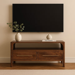 Solid Wood Arched Edge 2 Drawer Media Unit, Brown