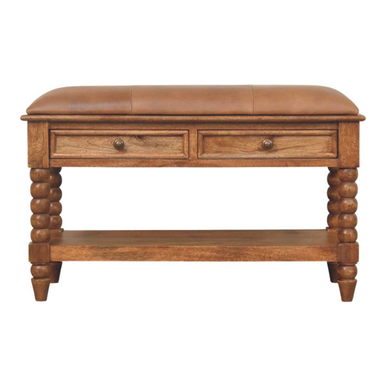 Solid Wood Leather Spindle Bench,Leather,2-Drawer,1-Shelf