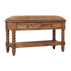 Solid Wood Leather Spindle Bench,Leather,2-Drawer,1-Shelf