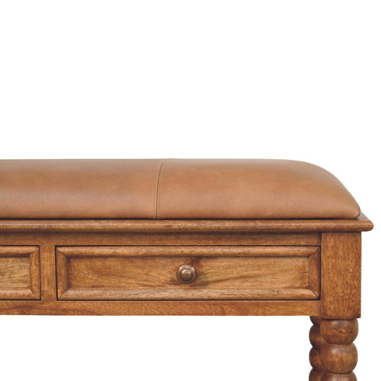 Solid Wood Leather Spindle Bench,Leather,2-Drawer,1-Shelf