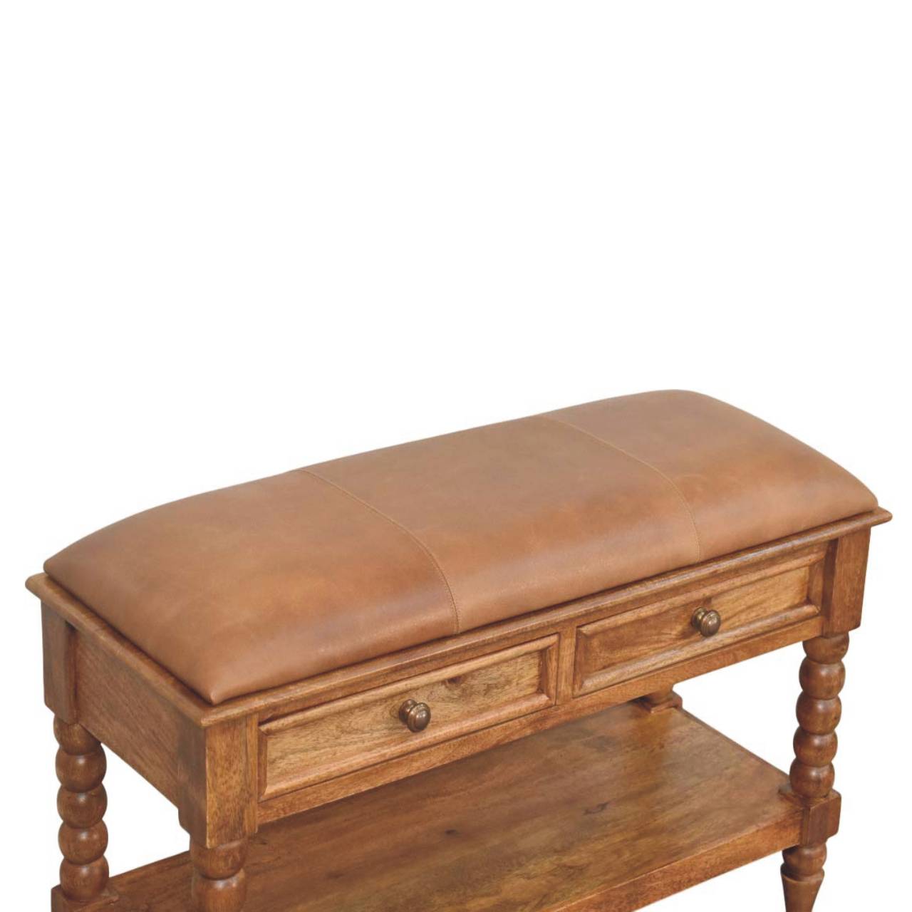 Solid Wood Leather Spindle Bench,Leather,2-Drawer,1-Shelf