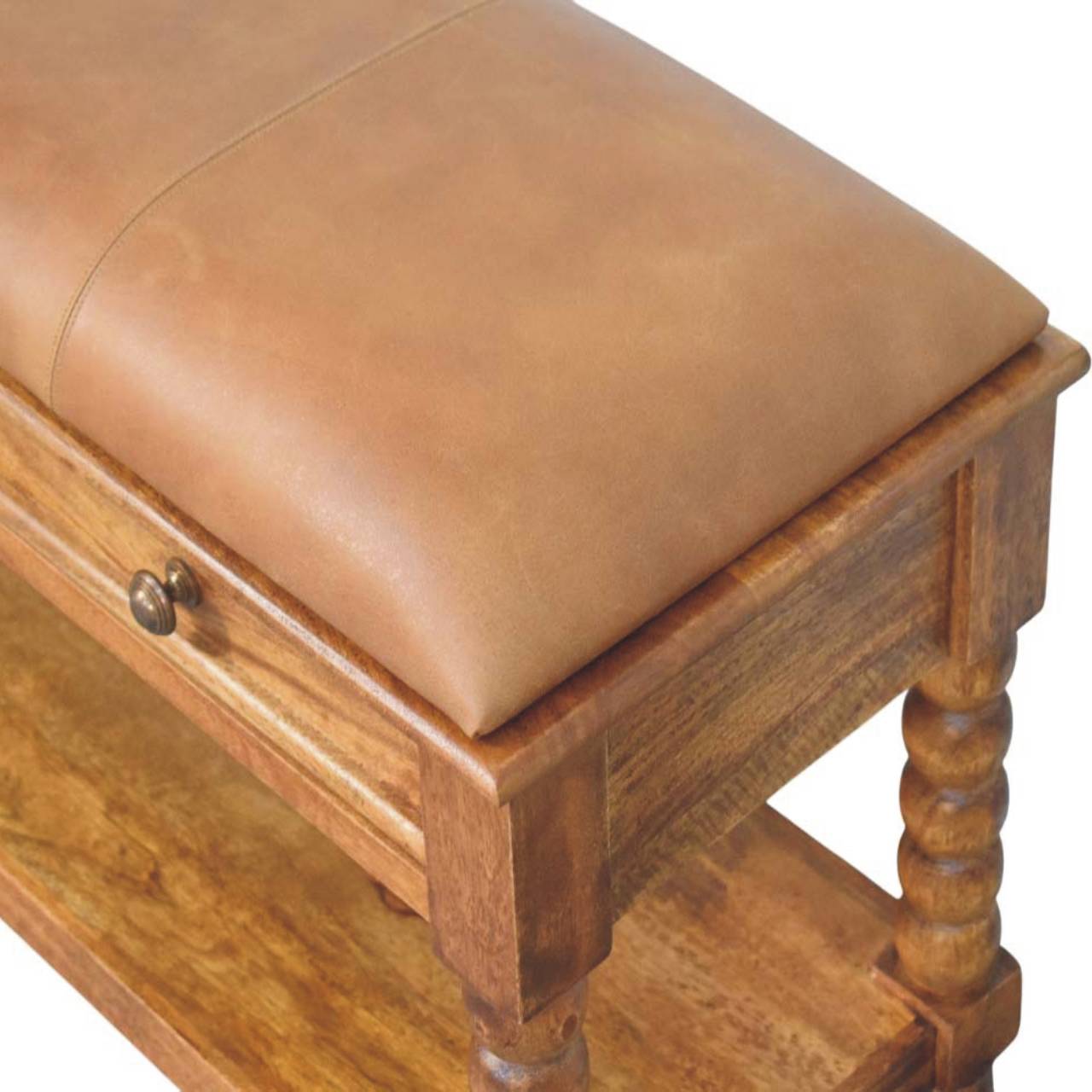 Solid Wood Leather Spindle Bench,Leather,2-Drawer,1-Shelf
