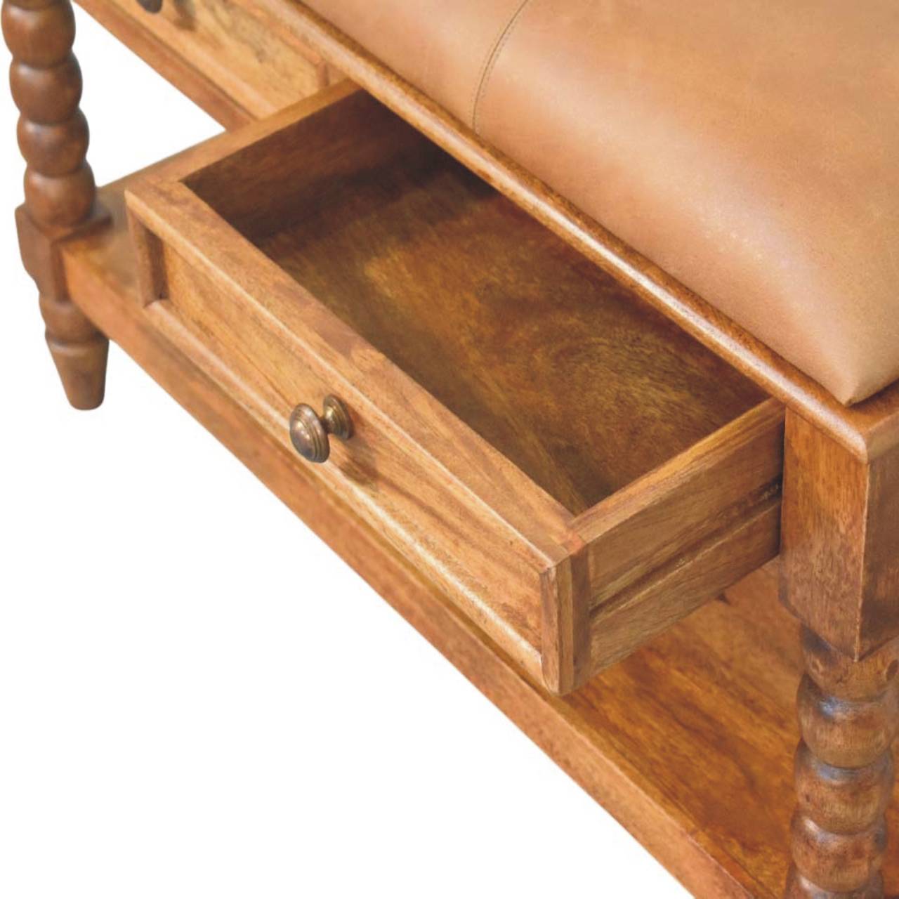 Solid Wood Leather Spindle Bench,Leather,2-Drawer,1-Shelf