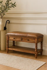 Solid Wood Leather Spindle Bench,Leather,2-Drawer,1-Shelf