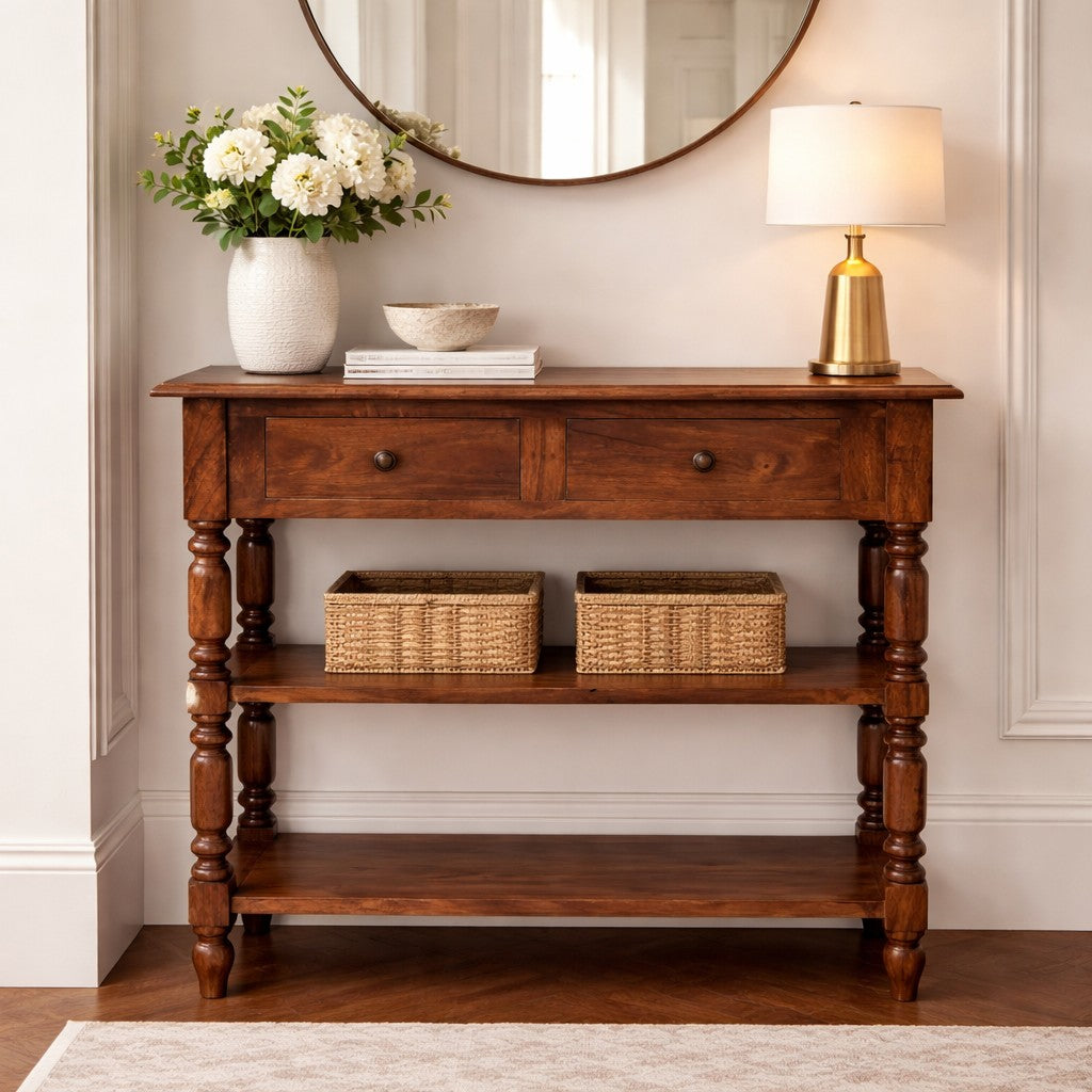 Solid Wood Turned Leg Side Table with Shelves