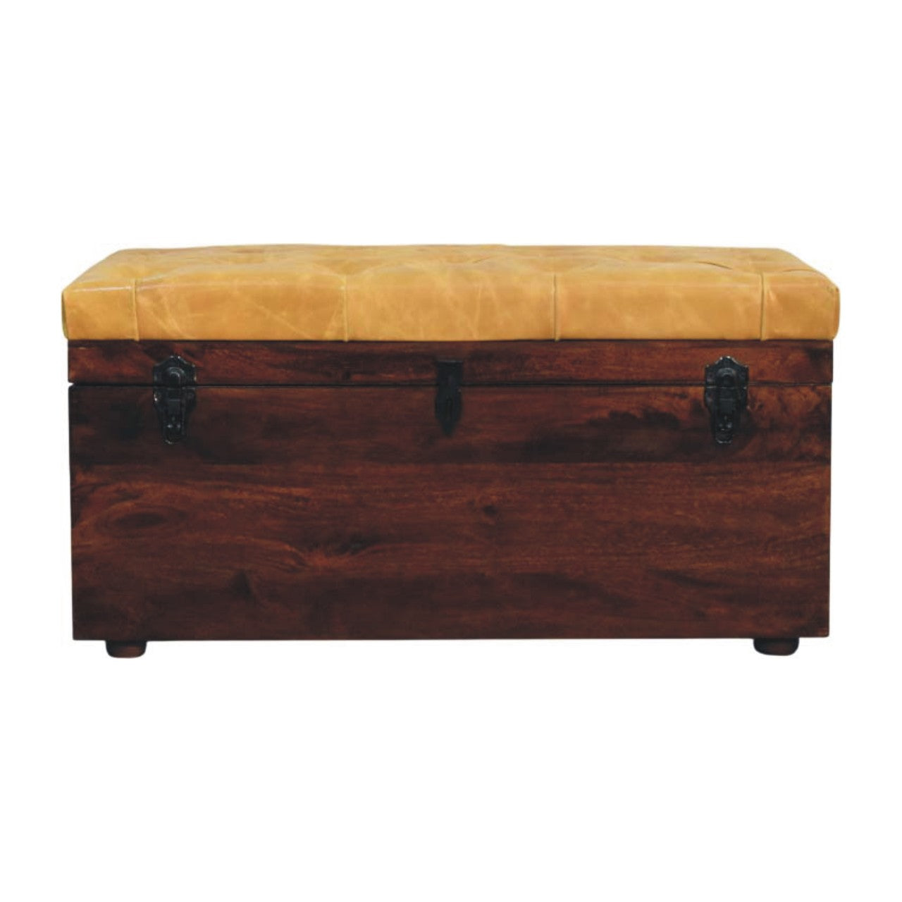 Solid Wood Walnut Storage Trunk Bench with Tan Leather