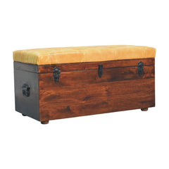 Solid Wood Walnut Storage Trunk Bench with Tan Leather