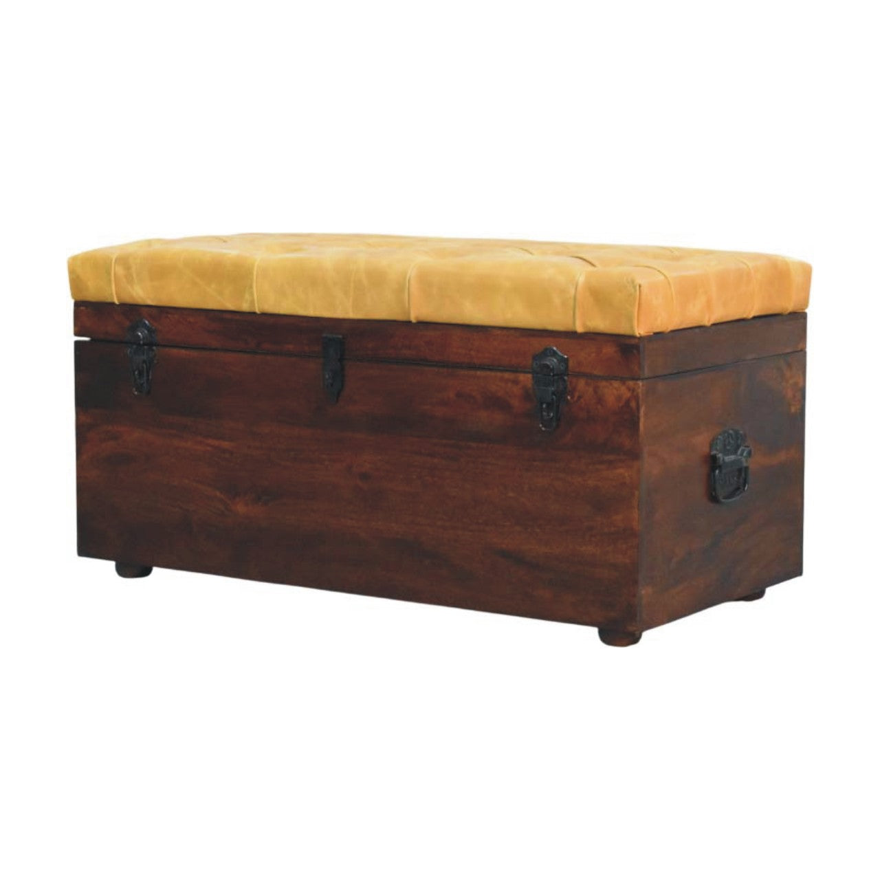Solid Wood Walnut Storage Trunk Bench with Tan Leather