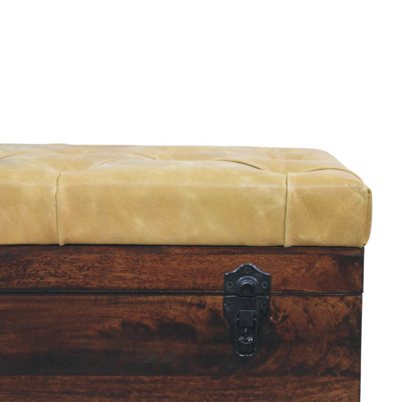 Solid Wood Walnut Storage Trunk Bench with Tan Leather