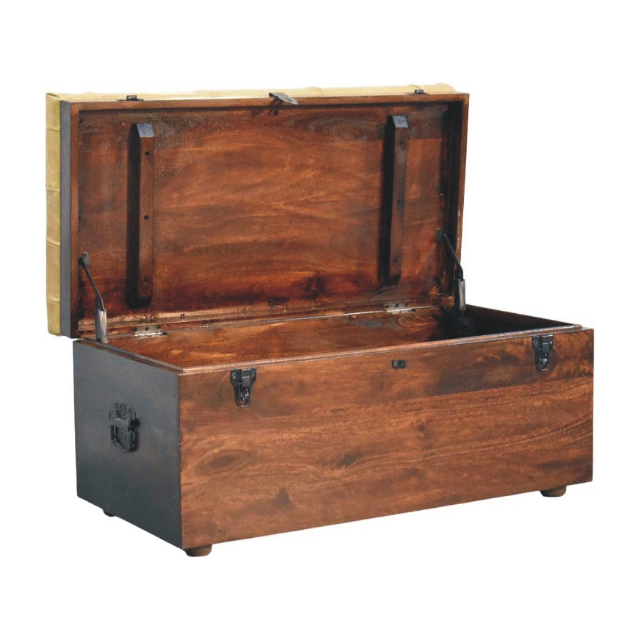 Solid Wood Walnut Storage Trunk Bench with Tan Leather