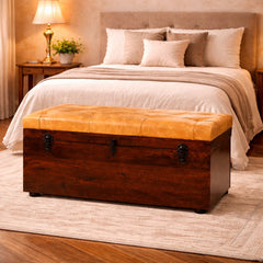 Solid Wood Walnut Storage Trunk Bench with Tan Leather