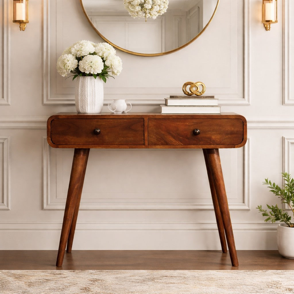 Solid Wood Curved Two Drawer Console Table
