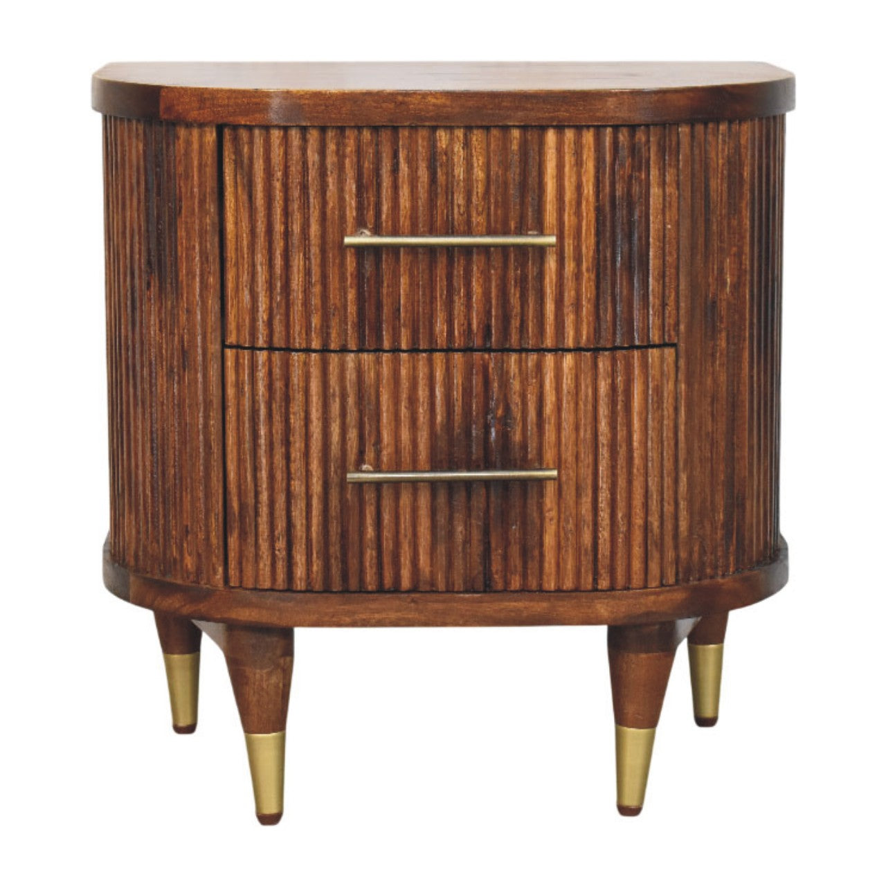 Solid Wood Ribbed Bedside with Brass Handles 2 Drawers Brown