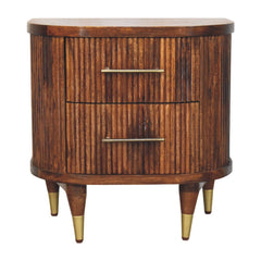Solid Wood Ribbed Bedside with Brass Handles 2 Drawers Brown