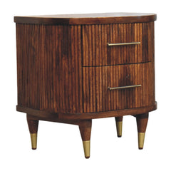 Solid Wood Ribbed Bedside with Brass Handles 2 Drawers Brown