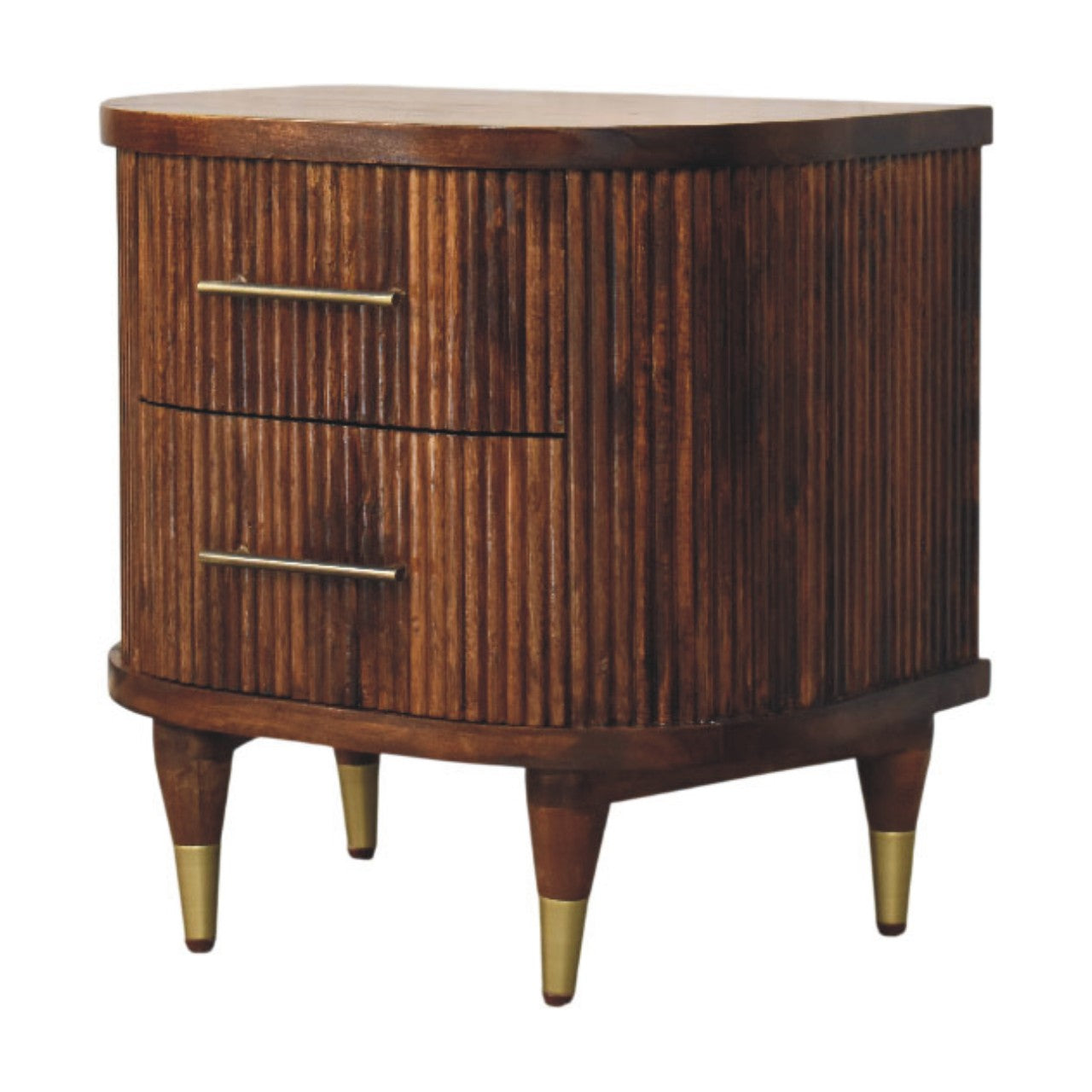 Solid Wood Ribbed Bedside with Brass Handles 2 Drawers Brown