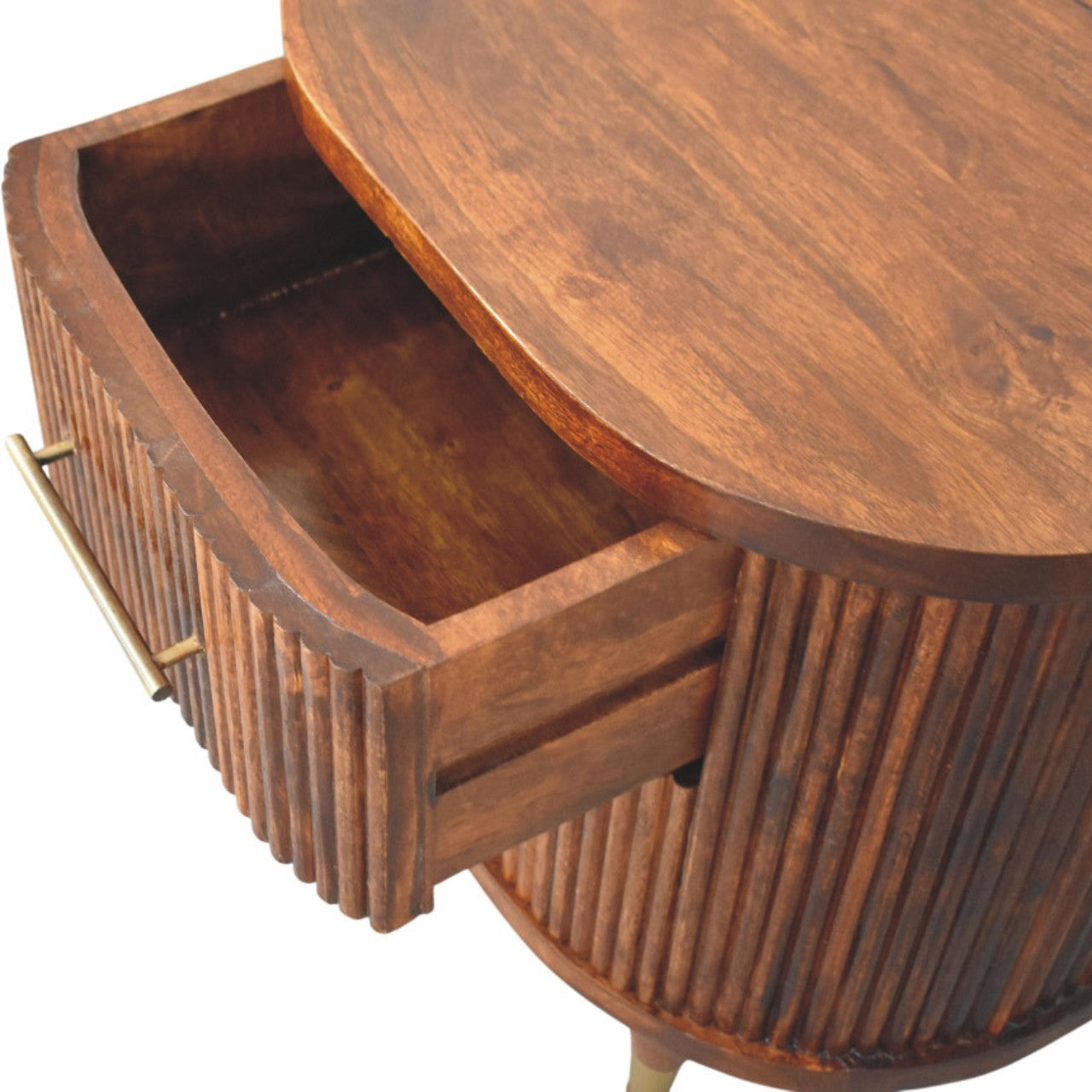 Solid Wood Ribbed Bedside with Brass Handles 2 Drawers Brown